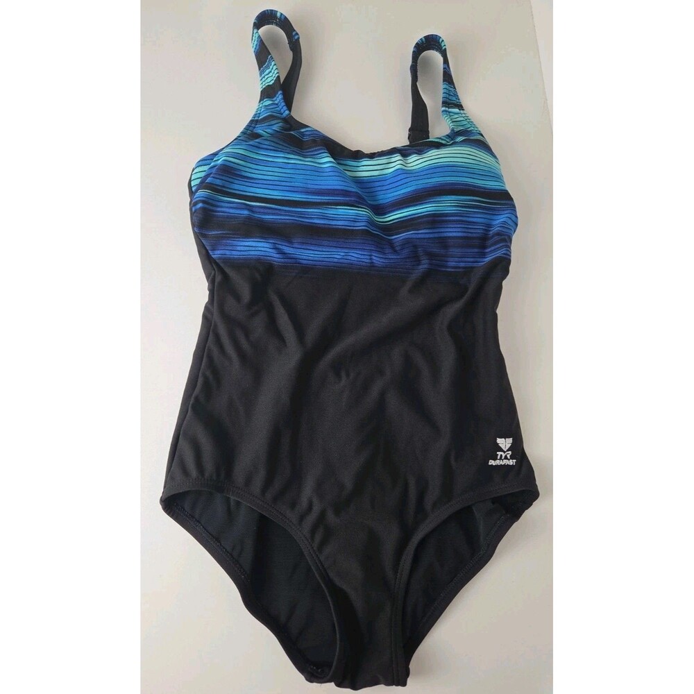 TYR DURAFAST BLUE STRIPED ONE PIECE SWIM BATHING SUIT size 10 POOL BEACH ACTIVE